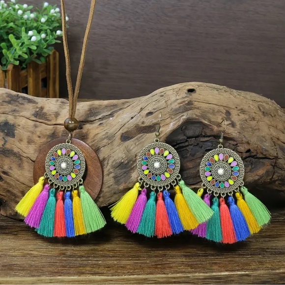 932 ❤️ 3 Pc Bohemian Ethnic Tassel Necklace Earring Jewelry Boho Set - Picture 2 of 8